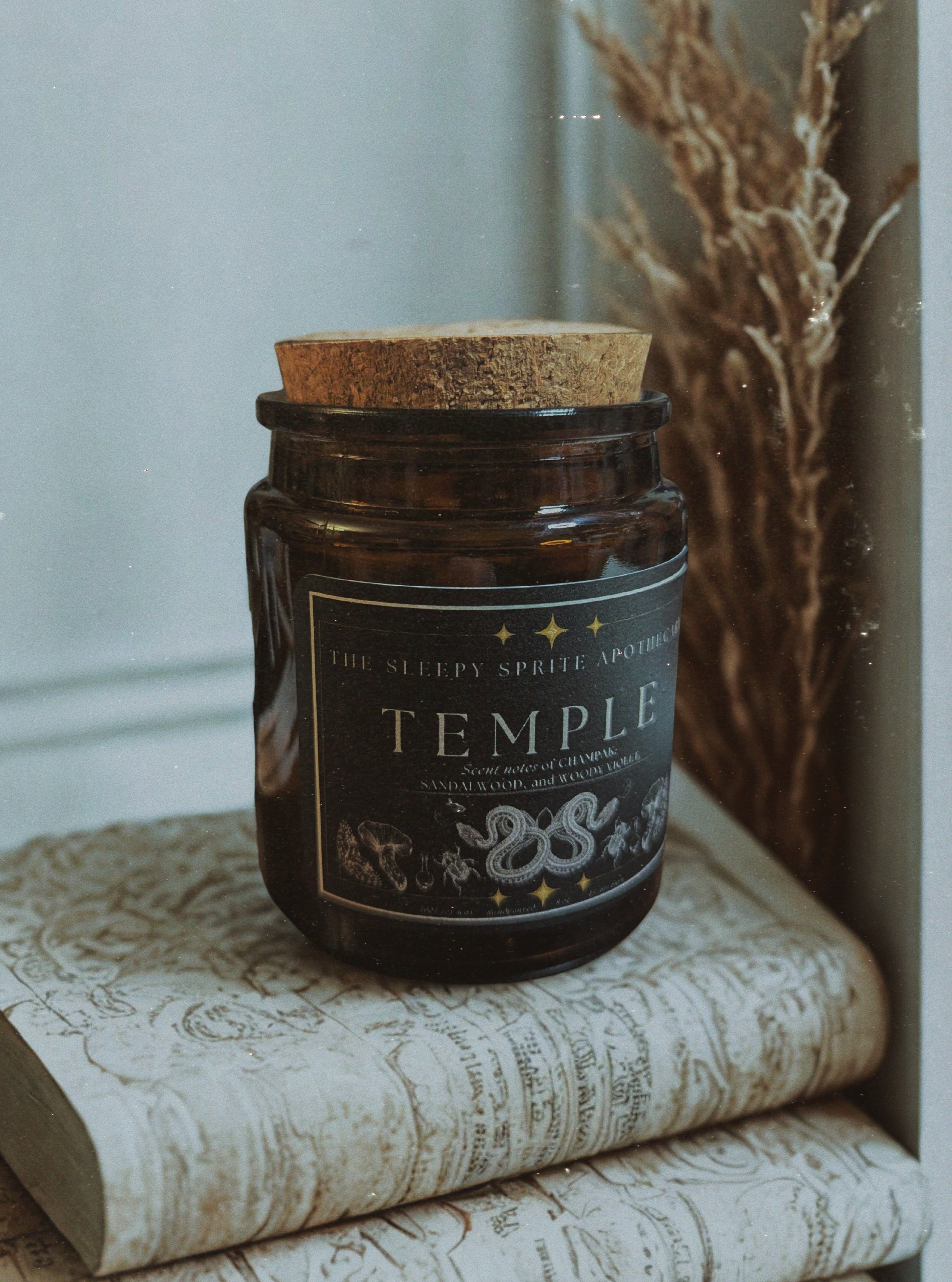 Candle jar labeled 'Temple' by 'The Sleepy Sprite Apothecary' on a textured surface. Witchy dark cottagecore aesthetic.