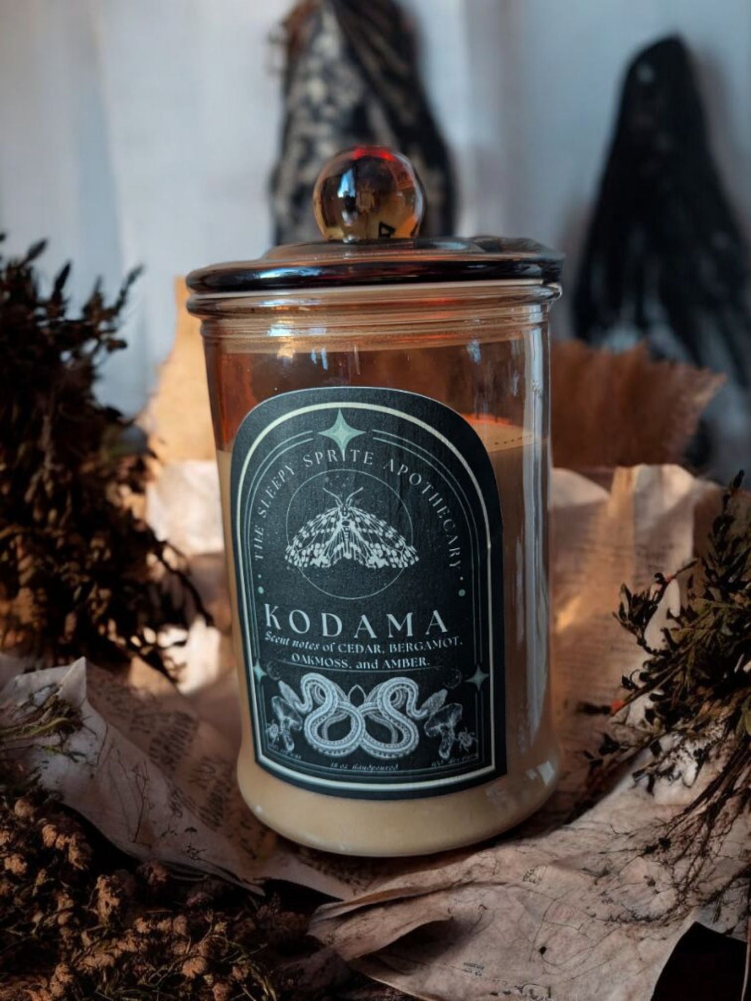 Kodama candle in a glass jar with a black label on a textured surface. Witchy dark cottagecore aesthetic.